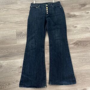 Mid-Rise Dark Blue Flare Jeans with Button Fly MK